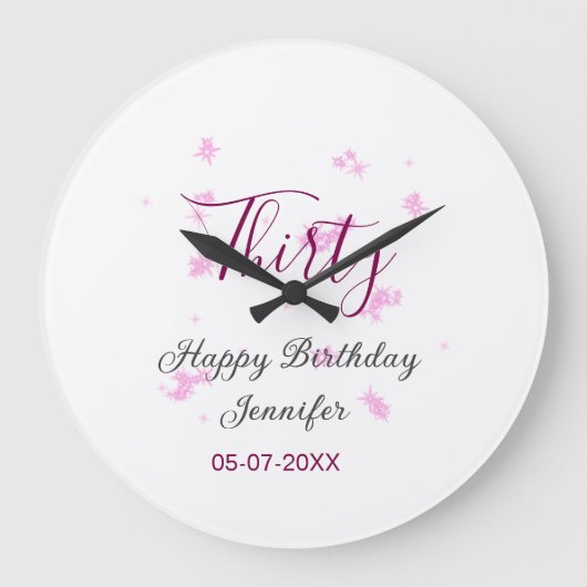 30歳の誕生日ピンクのグリッタースターブラック30th date ラージ壁時計 (正面)