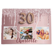 30歳の誕生日ピンクのグリッタードリップフォトモノグラム ラージペーパーバッグ (正面)