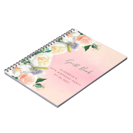 30歳の誕生日ピンクのローズ金ゴールド花模様ゲストブック ノートブック (左側)