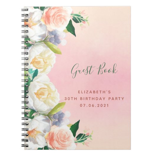 30歳の誕生日ピンクのローズ金ゴールド花模様ゲストブック ノートブック (正面)