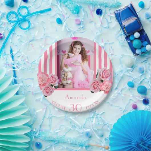 30歳の誕生日ピンクの白い花模様ストライプの写真 ペーパープレート (パーティー)