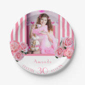 30歳の誕生日ピンクの白い花模様ストライプの写真 ペーパープレート (正面)