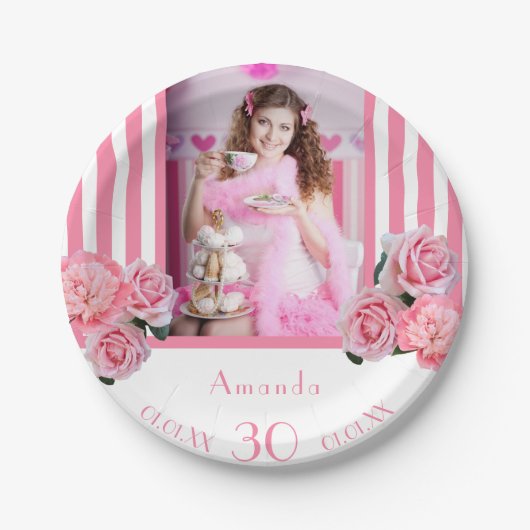30歳の誕生日ピンクの白い花模様ストライプの写真 ペーパープレート (正面)