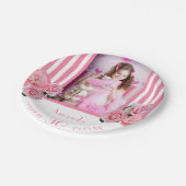 30歳の誕生日ピンクの白い花模様ストライプの写真 ペーパープレート (アングル)