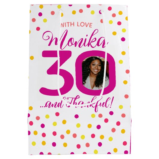 30歳の誕生日ピンクの黄色の紙吹雪写真のお願い ミディアムペーパーバッグ (裏面)