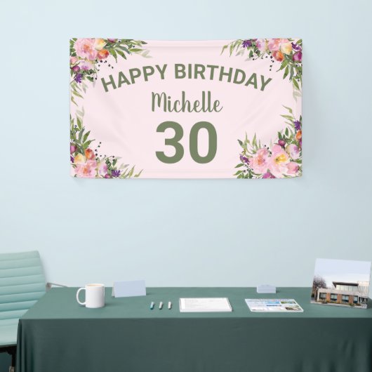 30歳の誕生日ピンク紫の水彩フローラ 横断幕 (トレードショー)