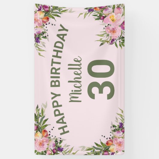 30歳の誕生日ピンク紫の水彩フローラ 横断幕 (縦)