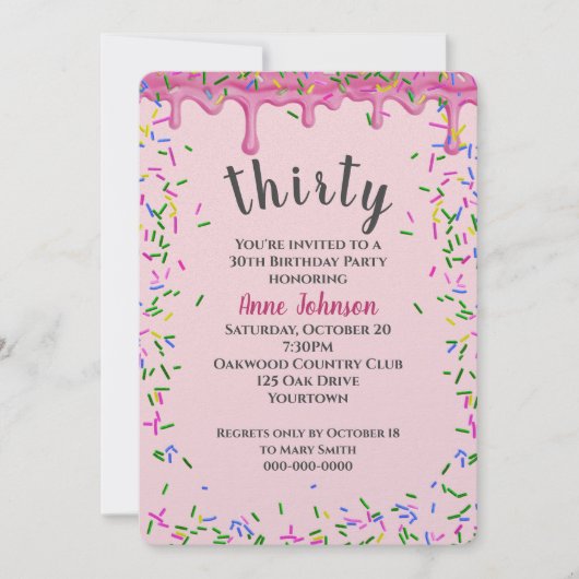 30歳の誕生日ピンク色のアイシングと散水 招待状 (正面)