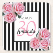 30歳の誕生日ピンク花模様白黒ストライプ スクエアペーパーコースター (正面)