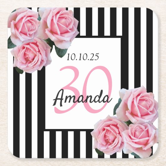 30歳の誕生日ピンク花模様白黒ストライプ スクエアペーパーコースター (正面)