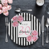 30歳の誕生日ピンク花模様白黒ストライプ ペーパープレート