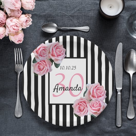 30歳の誕生日ピンク花模様白黒ストライプ ペーパープレート