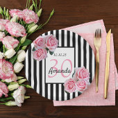 30歳の誕生日ピンク花模様白黒ストライプ ペーパープレート