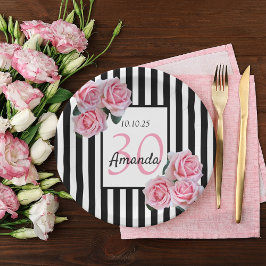 30歳の誕生日ピンク花模様白黒ストライプ ペーパープレート