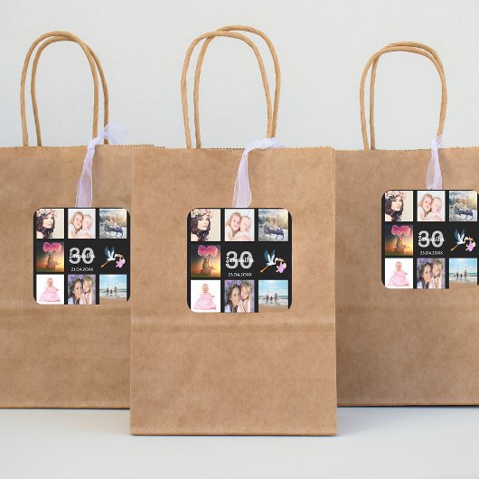 30歳の誕生日フォトコラージュ黒モノグラム スクエアシール