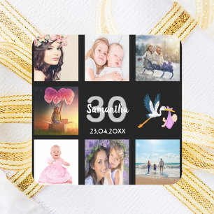 30歳の誕生日フォトコラージュ黒モノグラム スクエアシール