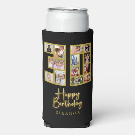 30歳の誕生日フォトコラージュ ブラック スリム缶クーラー (Seltzer正面)