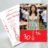 30歳の誕生日フォトハンド描き赤お洒落白 招待状