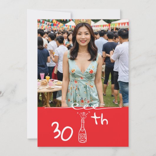 30歳の誕生日フォトハンド描き赤お洒落白 招待状 (裏面)