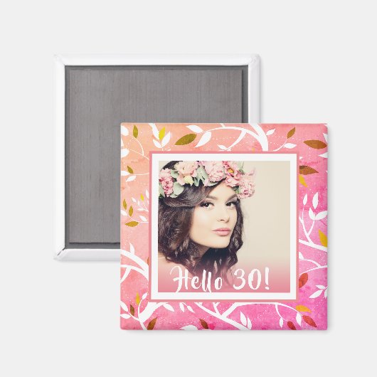 30歳の誕生日フォトピンクの植物模様 マグネット (正面/裏面)