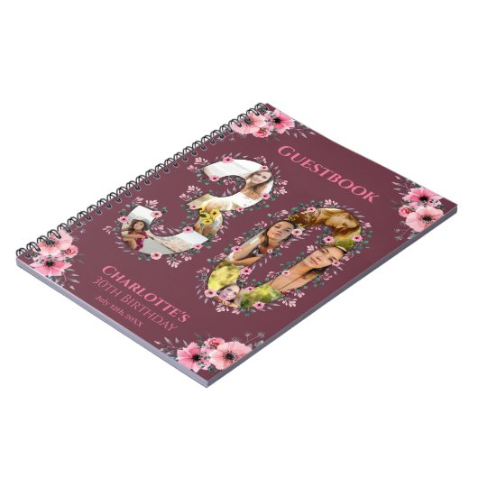 30歳の誕生日フォトピンクフラワーウーマンゲストブック ノートブック (左側)