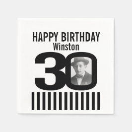 30歳の誕生日フォトブラックストライプフォトナプキン スタンダードカクテルナプキン