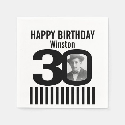 30歳の誕生日フォトブラックストライプフォトナプキン スタンダードカクテルナプキン (正面)
