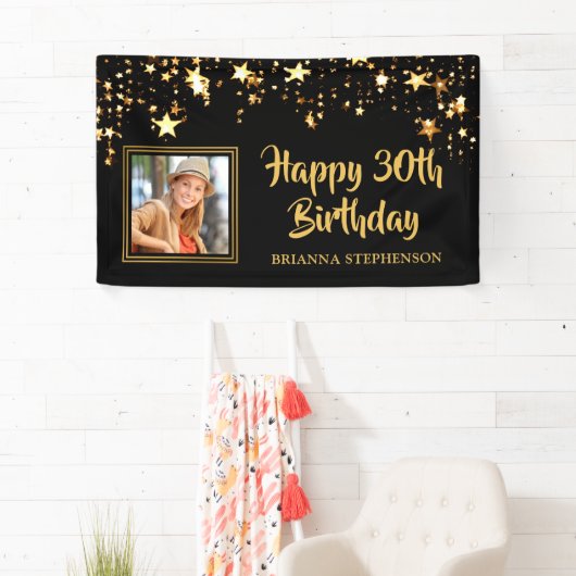 30歳の誕生日フォトブラック金ゴールド星パーソナライズされた 横断幕 (インサイチュ)