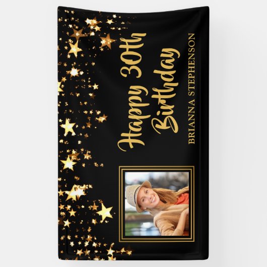 30歳の誕生日フォトブラック金ゴールド星パーソナライズされた 横断幕 (縦)