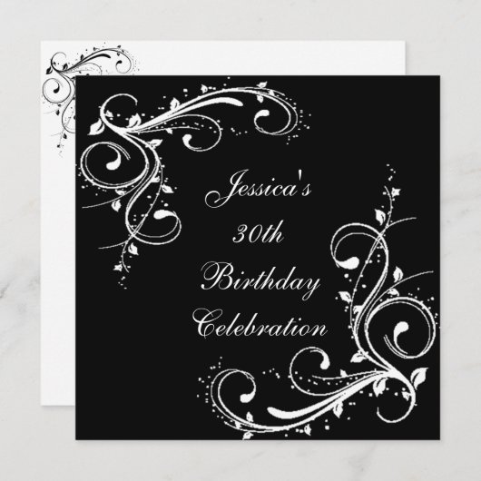30歳の誕生日フローラが白黒に渦巻く 招待状 (正面/裏面)