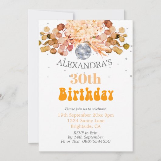 30歳の誕生日フローラオレンジディスコ 招待状 (正面)