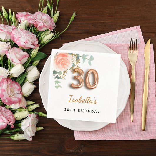 30歳の誕生日フローラバラ金ゴールドユーカリ・モノグラム スタンダードカクテルナプキン