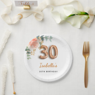 30歳の誕生日フローラバラ金ゴールドユーカリ・モノグラム ペーパープレート