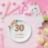 30歳の誕生日フローラバラ金ゴールドユーカリ・モノグラム ペーパープレート (パーティー)