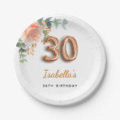 30歳の誕生日フローラバラ金ゴールドユーカリ・モノグラム ペーパープレート (正面)