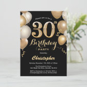 30歳の誕生日ブラックと金ゴールドバルーン紙吹雪 招待状 (スタンド正面)