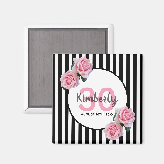 30歳の誕生日ブラックストライプ花模様ピンクの名前 マグネット (正面/裏面)