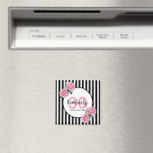 30歳の誕生日ブラックストライプ花模様ピンクの名前 マグネット (インサイチュ (食洗機))