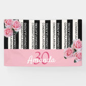 30歳の誕生日ブラックストライプ花模様ピンクの名前 横断幕 (横)