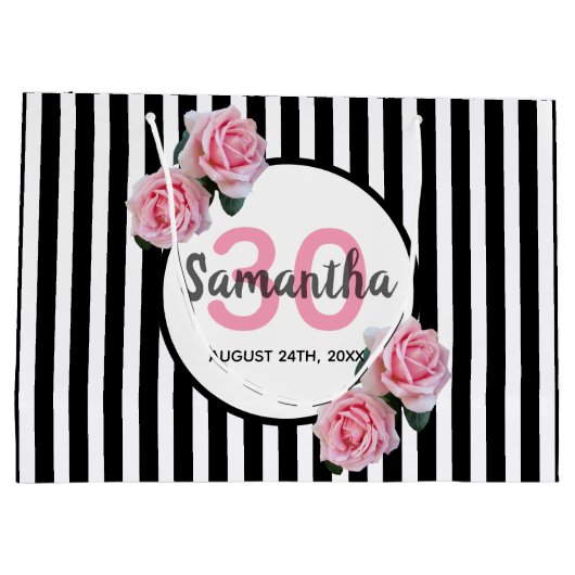 30歳の誕生日ブラックストライプ花模様 ラージペーパーバッグ (裏面)