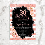 30歳の誕生日ブラックバラ金ゴールドと白ストライプ 招待状<br><div class="desc">30歳の誕生日招待状。バラエレガント金ゴールド白と黒のデザインとフェイクグリッター。機能ストライプ、赤面ピンクのバラ、スクリプトフォントと紙吹雪。エレガントな誕生日パーティーに最適。</div>