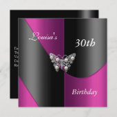 30歳の誕生日ブラックピンクプラムパープルバタフライ 招待状 (正面/裏面)