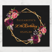 30歳の誕生日ブラックフローラ金ゴールド幾何学模様 スパークリングワインラベル (シングルラベル)