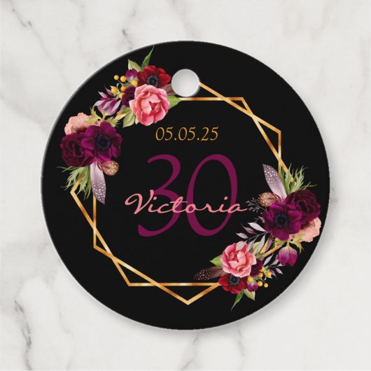 30歳の誕生日ブラックフローラ金ゴールド幾何学模様 フェイバータグ (正面)