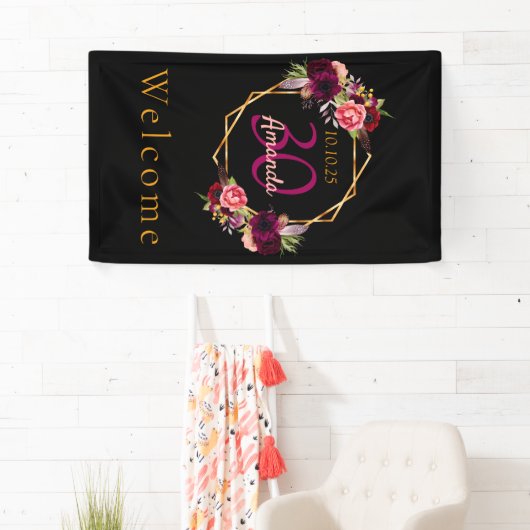 30歳の誕生日ブラックフローラ金ゴールド幾何学模様 横断幕 (インサイチュ)