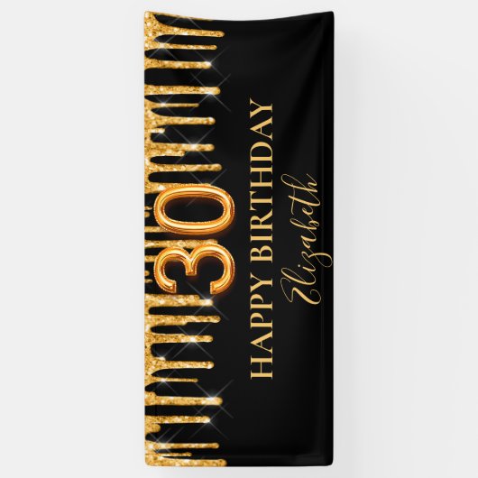 30歳の誕生日ブラック金ゴールドグリッタードリップウェルカム 横断幕 (縦)