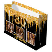 30歳の誕生日ブラック金ゴールドグリッタードリップフォト ラージペーパーバッグ (正面アングル)