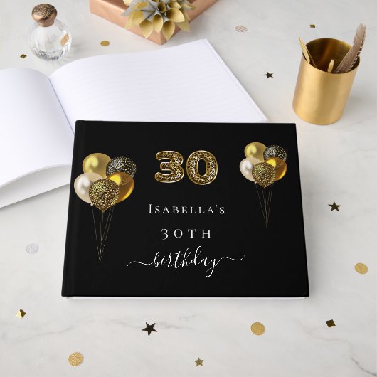 30歳の誕生日ブラック金ゴールドヒョウ印刷の誕生日 ゲストブック (正面見開き)