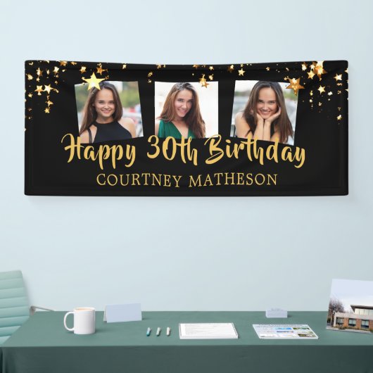 30歳の誕生日ブラック金ゴールド星写真パーソナライズされた 横断幕 (トレードショー)