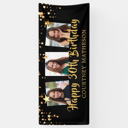 30歳の誕生日ブラック金ゴールド星写真パーソナライズされた 横断幕 (縦)